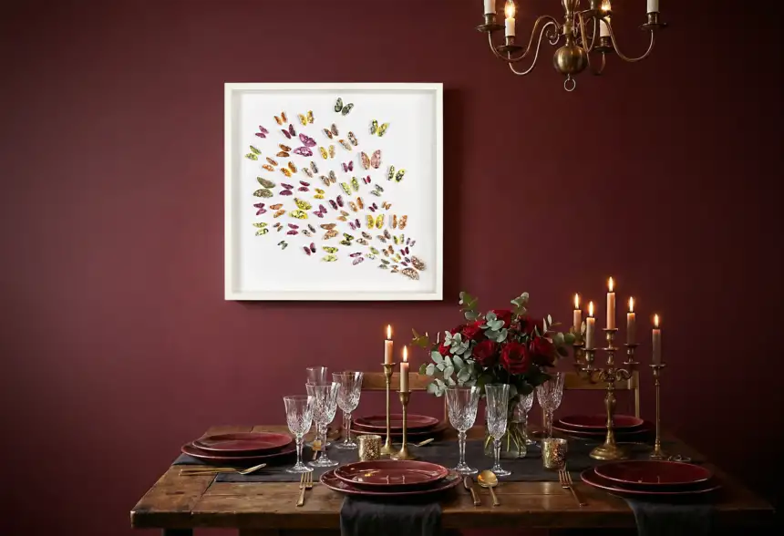 Framed 3D watercolor butterfly paper artwork displayed on a burgundy wall above an elegant dining table with candles and flowers.
