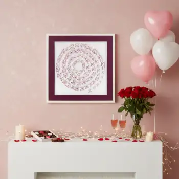 Valentine Pink Butterfly Shadow Box displayed above a romantic mantel with roses, candles, and balloons