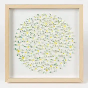 Front view of handmade 3D daisy watercolor wall art in a light wood shadow box frame