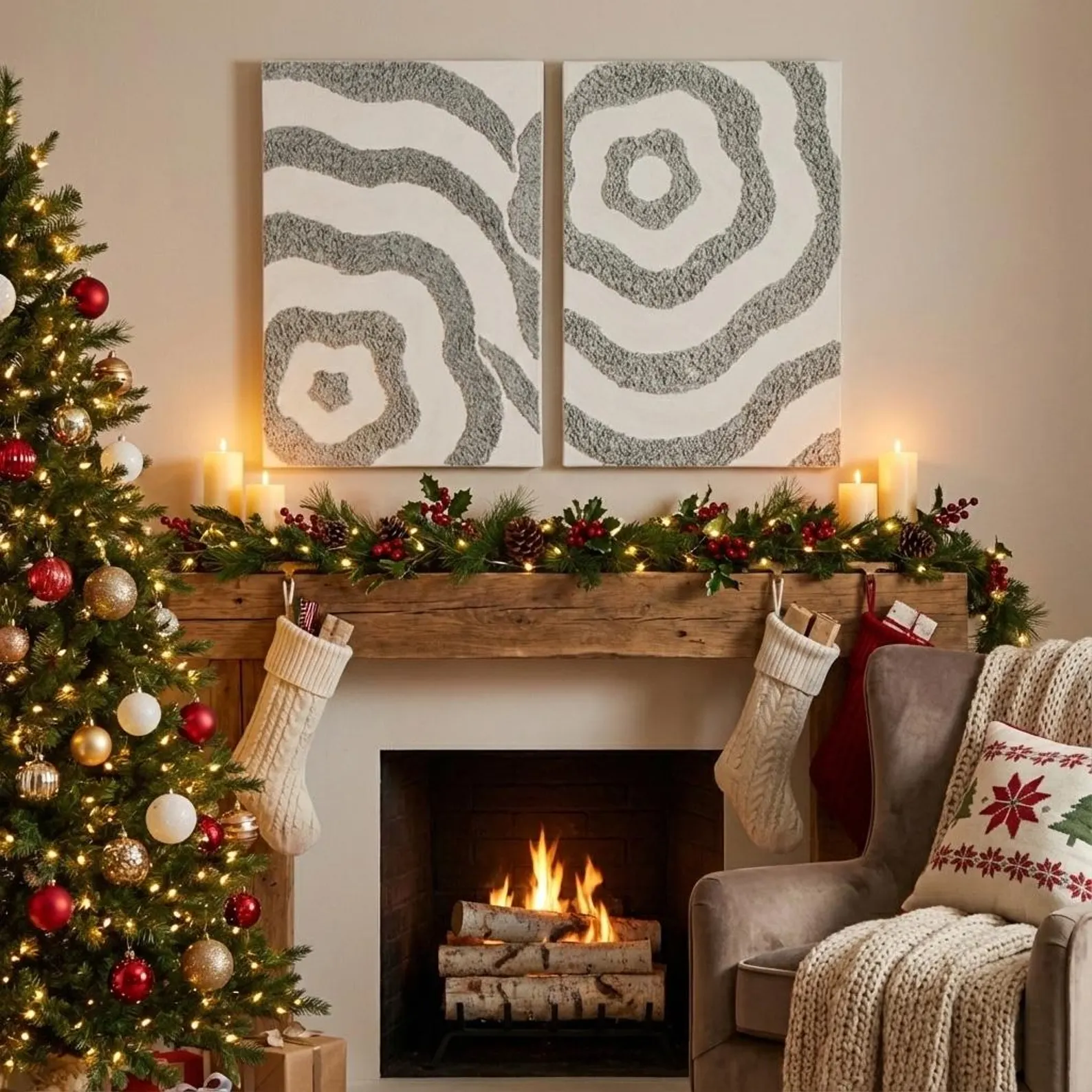 Two textured abstract canvas artworks styled above a white sideboard with neutral ceramic decor