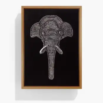 Front view of handmade textured elephant wall art on black canvas with silver relief details in a wooden frame.