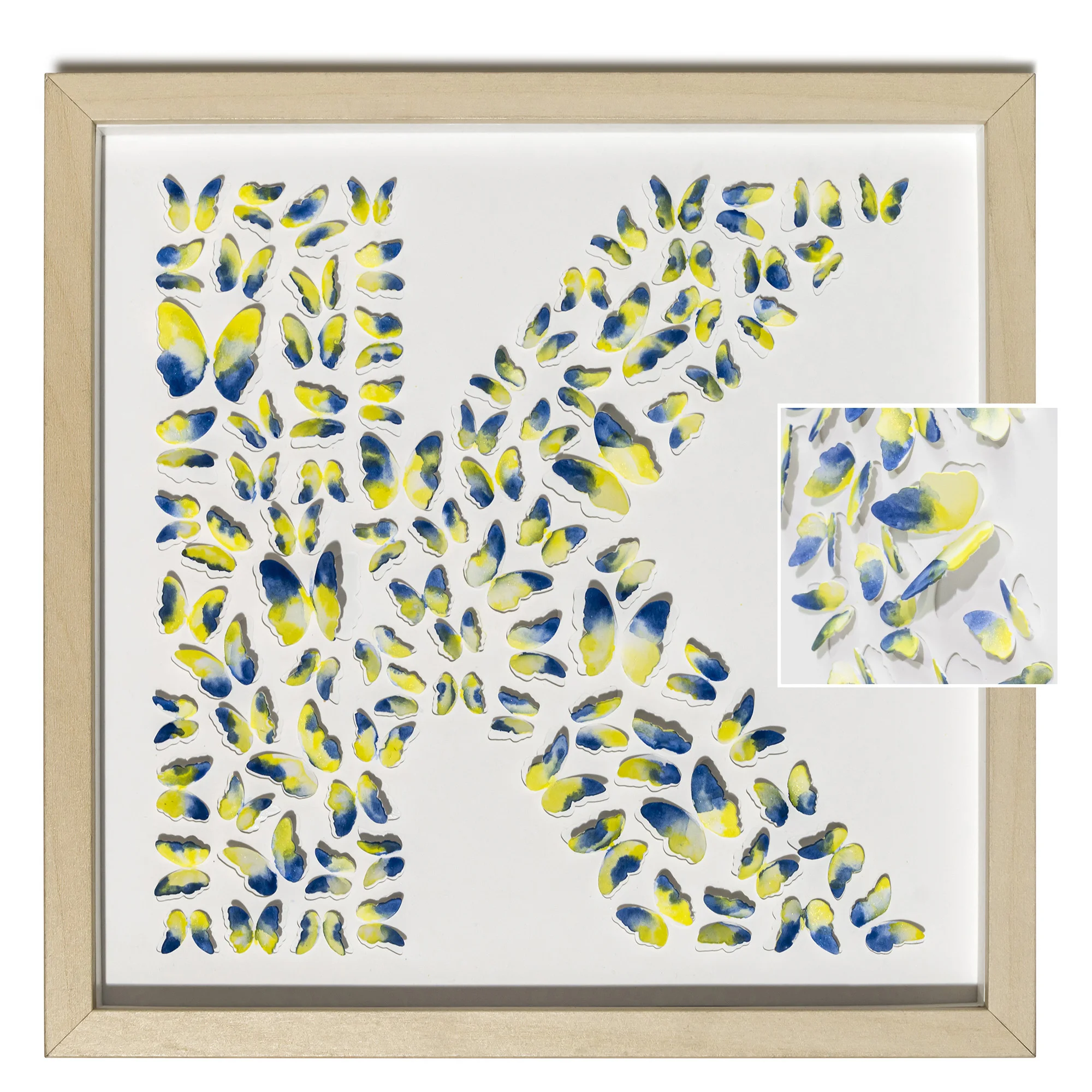 Front view of blue and yellow butterfly letter K 3D watercolor wall art with a close-up detail inset