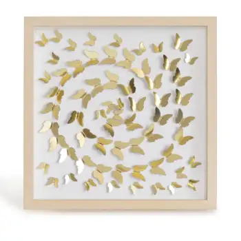 Gold butterfly spiral wall art in a light wood square frame, shown from the front on a clean white background