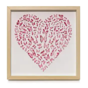 Front view of pink butterfly heart 3D watercolor wall art in a light wood shadow box frame